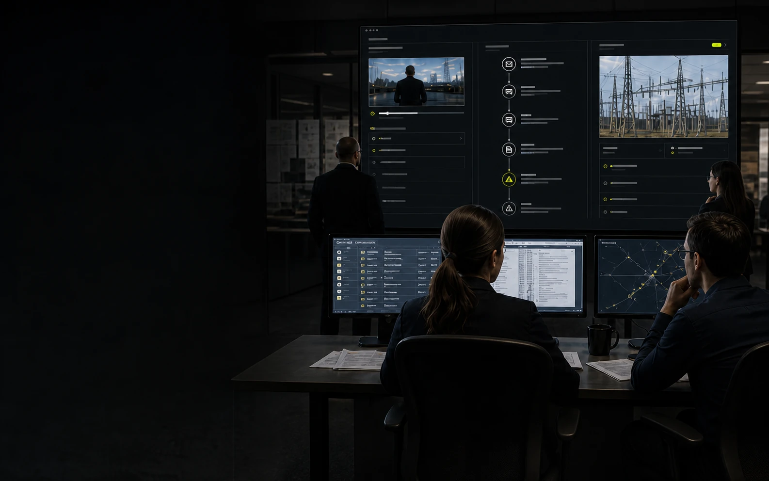 Analysts examining media evidence and a connected distribution trace